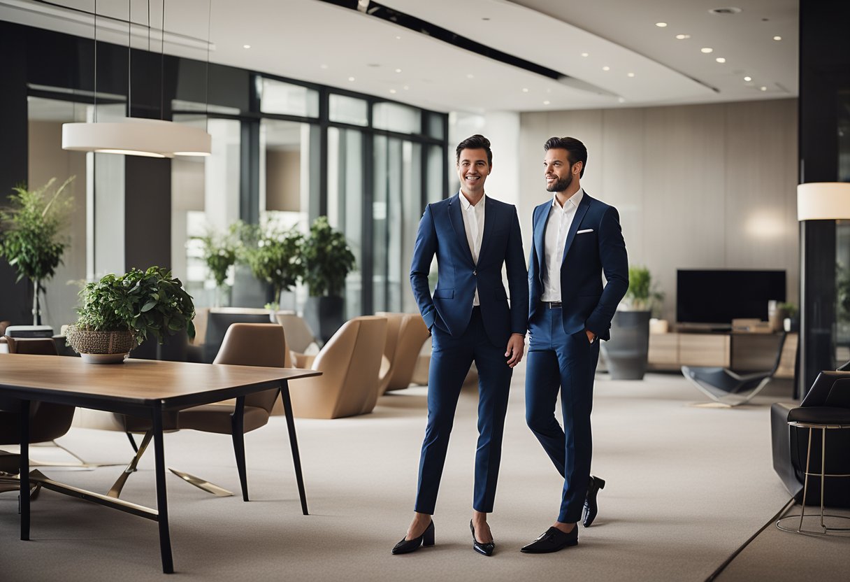Interior designers wear professional attire: tailored suits, blouses, slacks, and dress shoes. They may also accessorize with statement jewelry or scarves
