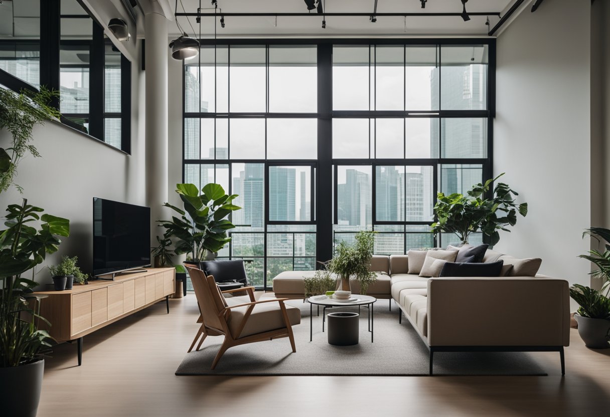 A spacious loft in Singapore with modern furniture, sleek lines, and a neutral color palette. Large windows let in natural light, and potted plants add a touch of greenery