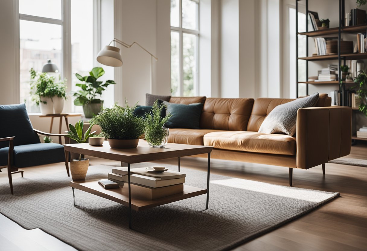 A cozy living room with a modern sofa, coffee table, and bookshelf. A large window lets in natural light, and a potted plant adds a touch of greenery