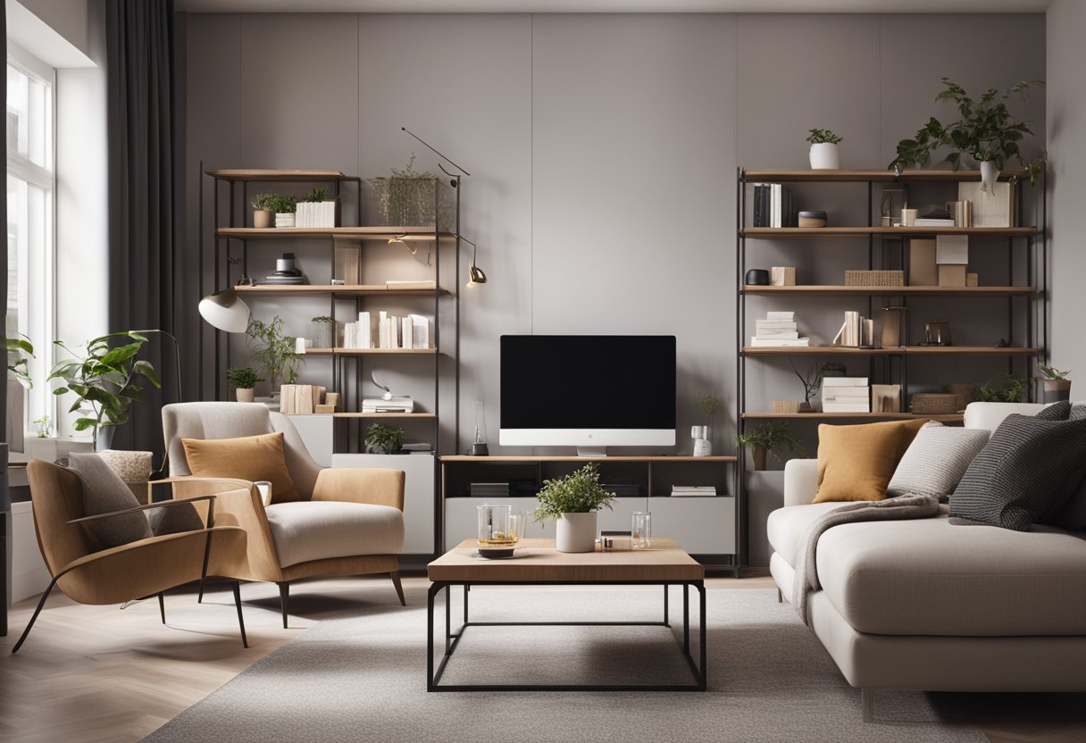 A cozy living room with modern furniture and warm lighting. A sleek, minimalist workspace with organized shelves and a comfortable chair. A stylish bedroom with a luxurious bed and soft, neutral colors