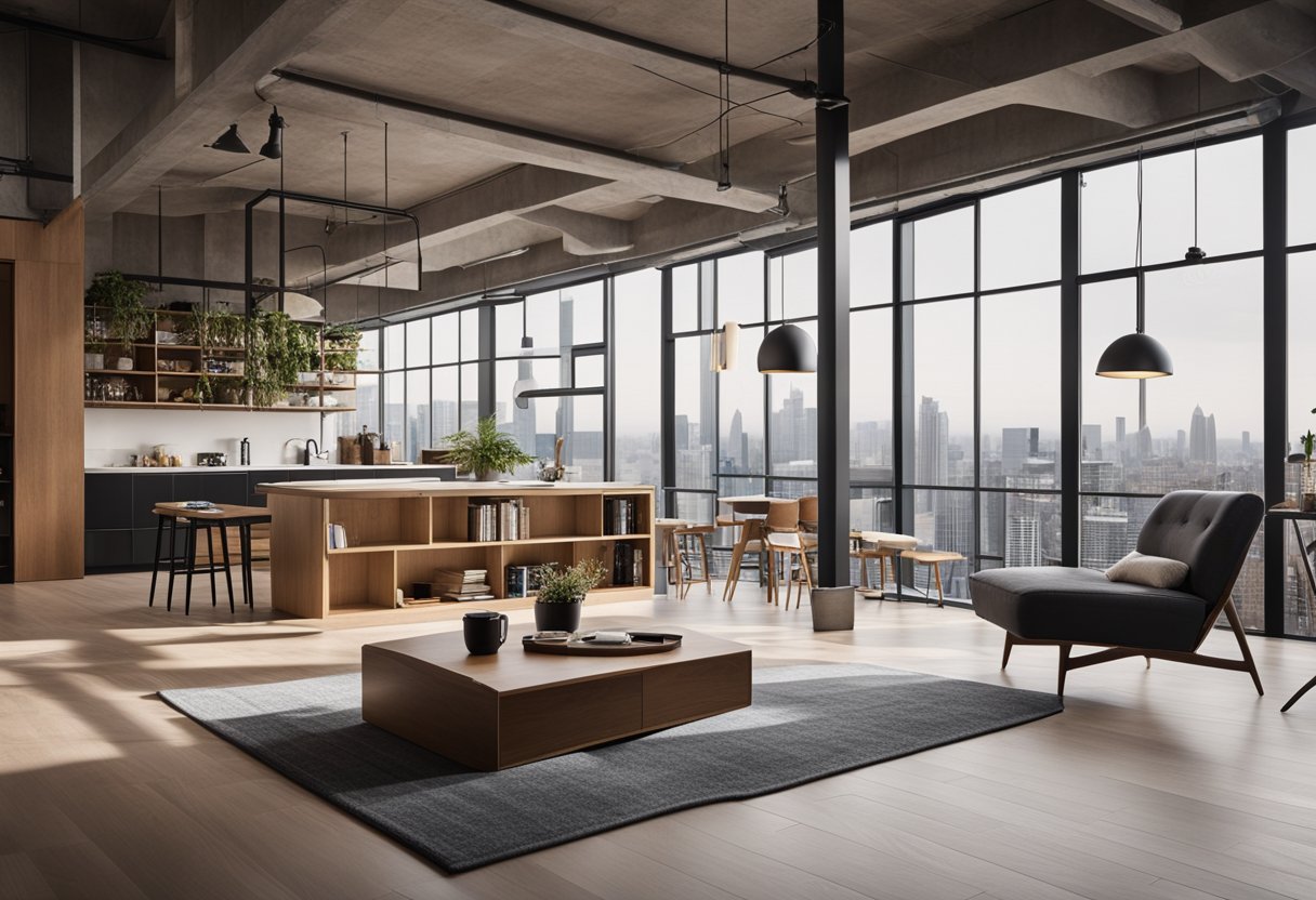 A spacious loft with modern furniture, large windows, and high ceilings. A cozy reading nook, a sleek kitchen, and a stylish living area with a city view