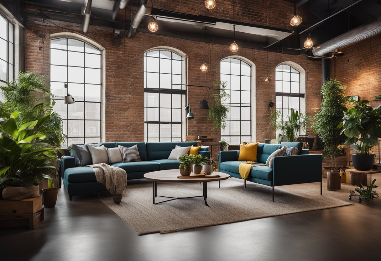 A spacious loft with industrial-style lighting, exposed brick walls, and sleek modern furniture, accented by pops of vibrant color and lush indoor plants
