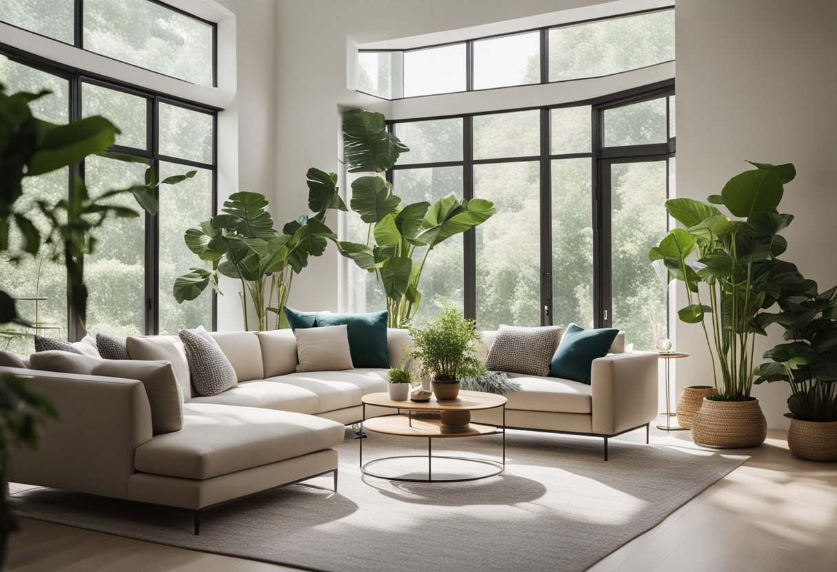 A stylish, modern living room with a neutral color palette, sleek furniture, and pops of vibrant accents. Large windows let in natural light, and green plants add a touch of nature