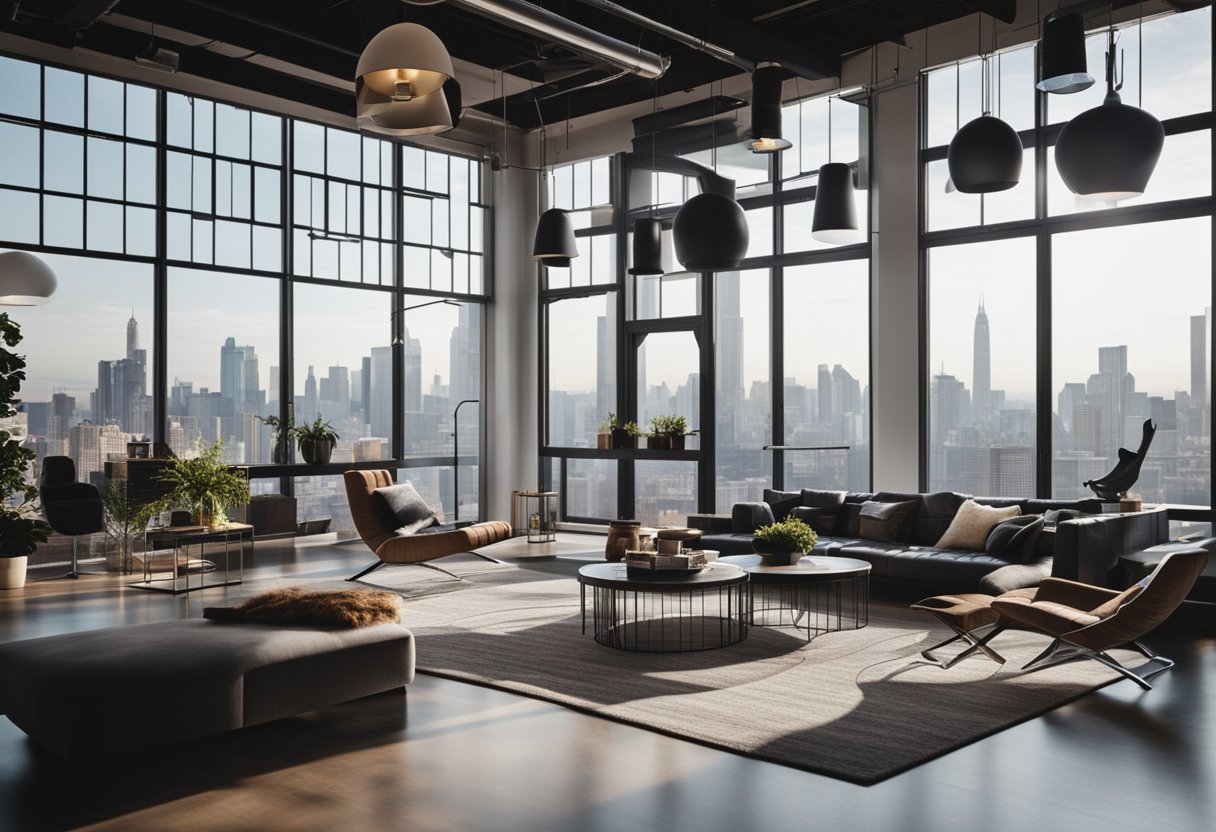 A modern loft interior with sleek furniture, industrial accents, and large windows overlooking the city skyline