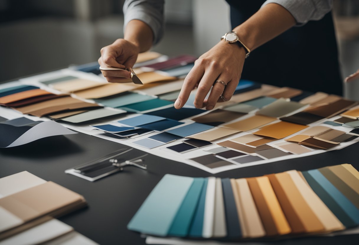 An interior designer carefully selects color swatches and fabric samples, arranging them on a mood board for a client presentation