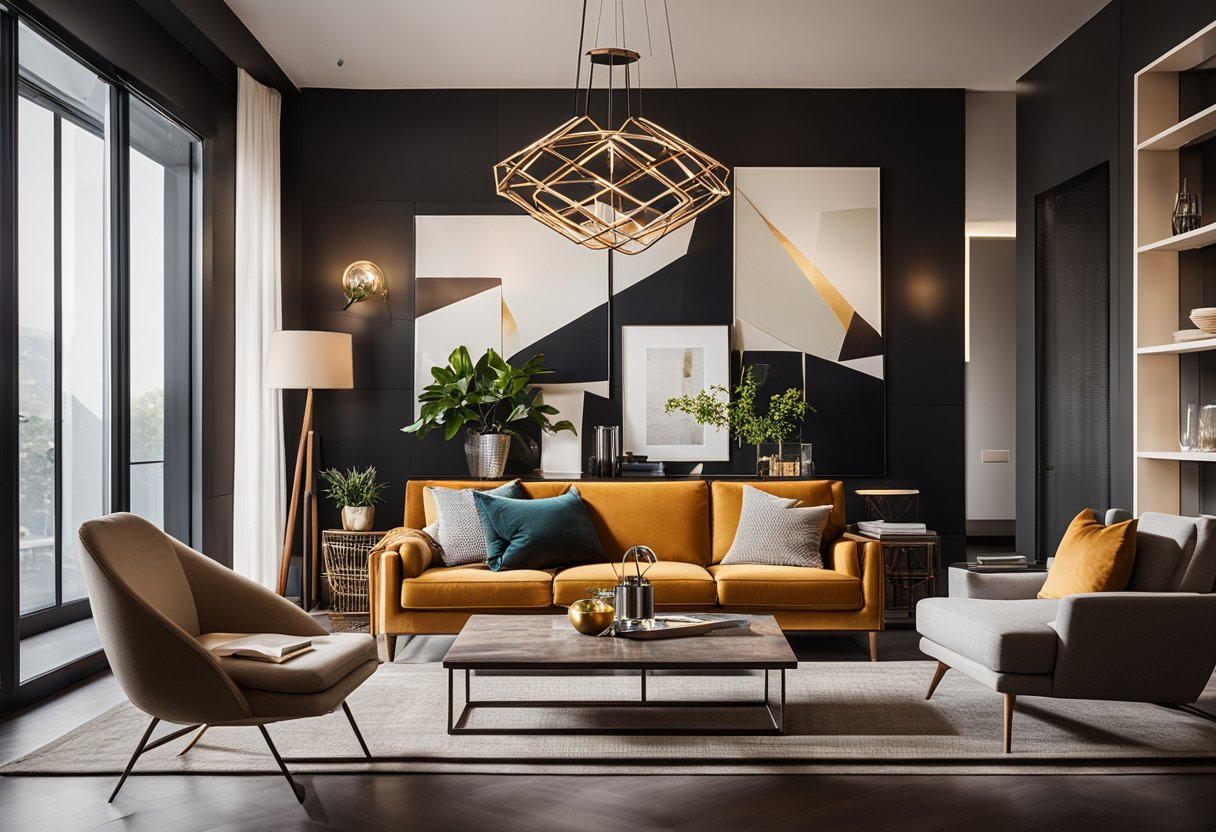 A modern living room with sleek furniture, bold colors, and geometric patterns. A statement light fixture hangs from the ceiling, casting a warm glow over the space