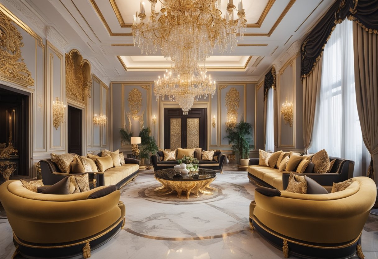 Luxurious interior with plush velvet sofas, marble floors, and ornate chandeliers. Gold accents and intricate molding adorn the walls, creating an opulent atmosphere