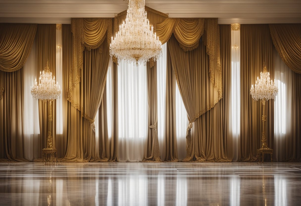 Luxurious velvet drapes hang from ornate gold curtain rods in a grand ballroom with marble floors and crystal chandeliers