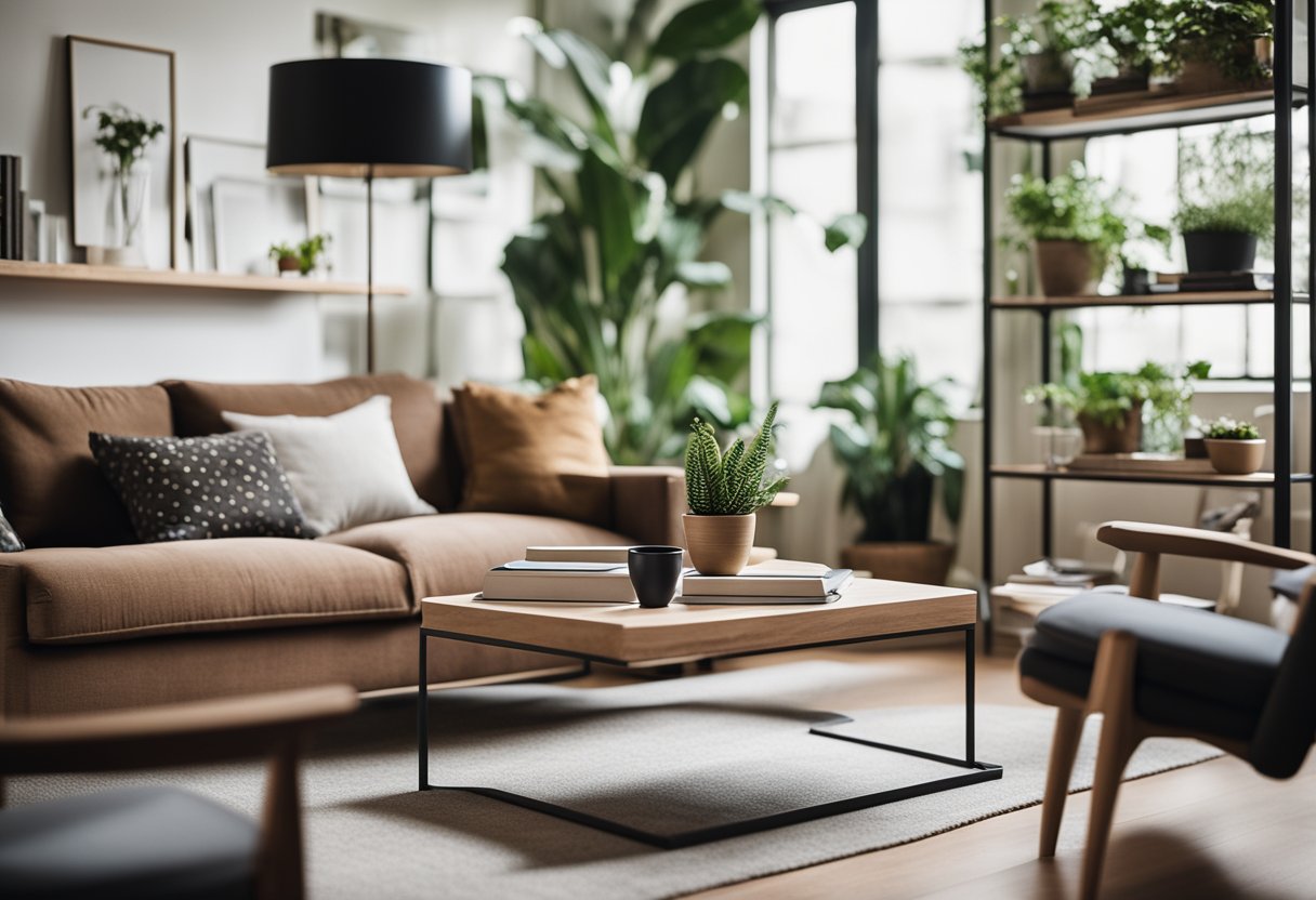 A cozy living room with a modern sofa, coffee table, and plants. A bookshelf filled with design books and a laptop open to an interior design website