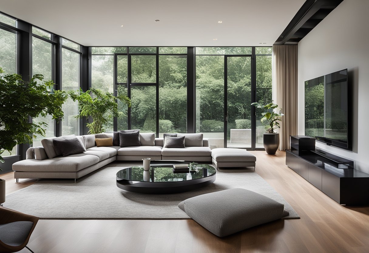 A modern living room with a large sectional sofa, a sleek coffee table, and a wall-mounted TV. The room is filled with natural light from the floor-to-ceiling windows, and there are potted plants scattered throughout the space