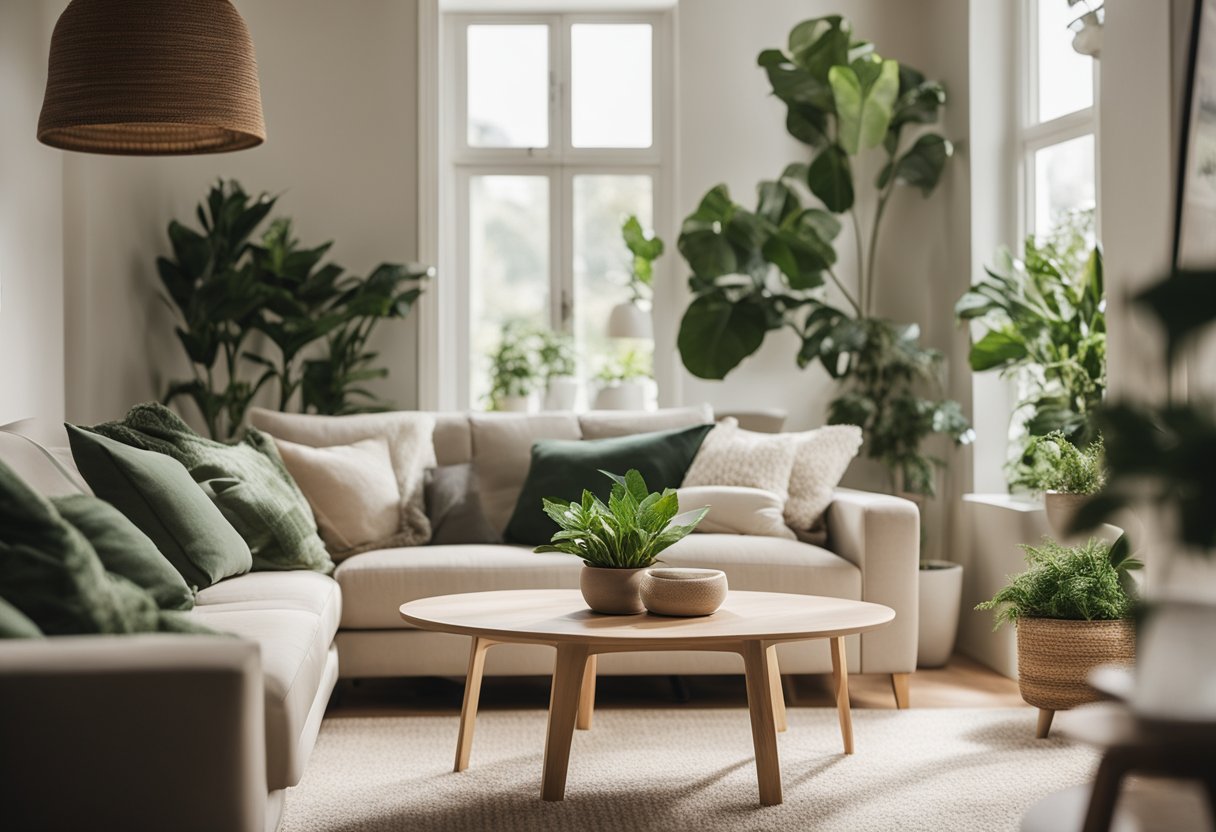 A cozy living room with neutral tones, soft lighting, and plush furniture. A large window lets in natural light, and green plants add a touch of nature to the space