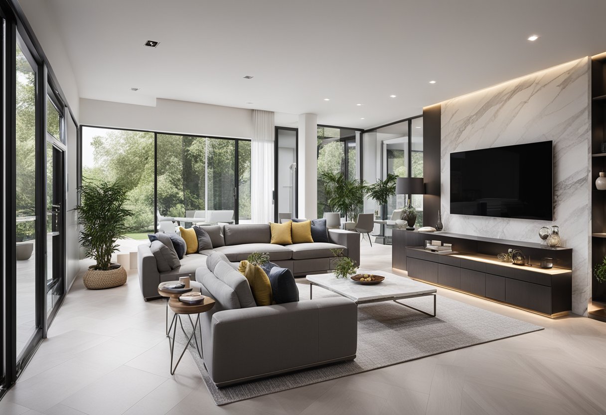 A spacious living room with modern furniture, large windows, and a minimalist color scheme. A sleek kitchen with stainless steel appliances and marble countertops