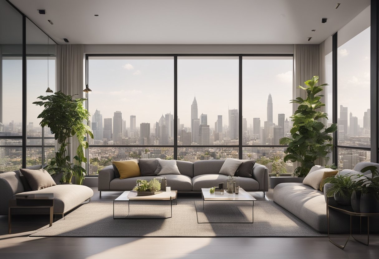 A modern living room with a sleek sofa, coffee table, and large windows overlooking a city skyline. The room is decorated with minimalist artwork and plants, creating a bright and airy atmosphere
