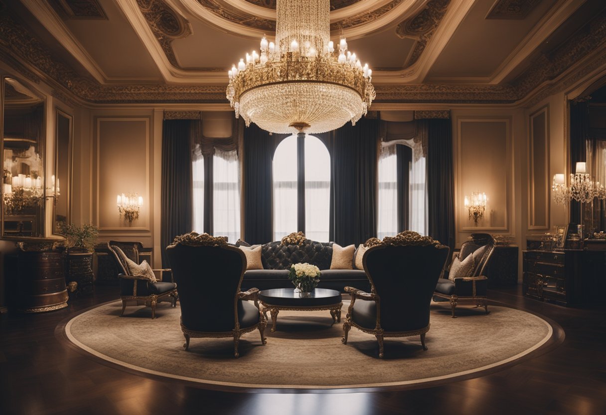 A grand chandelier illuminates a luxurious room with ornate furniture, plush fabrics, and intricate details, exuding an air of opulence and sophistication