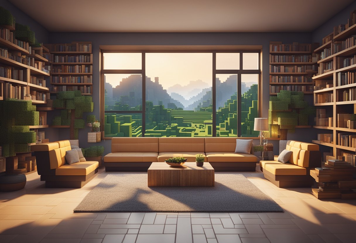 A cozy Minecraft living room with a fireplace, bookshelves, and a large window overlooking a pixelated landscape