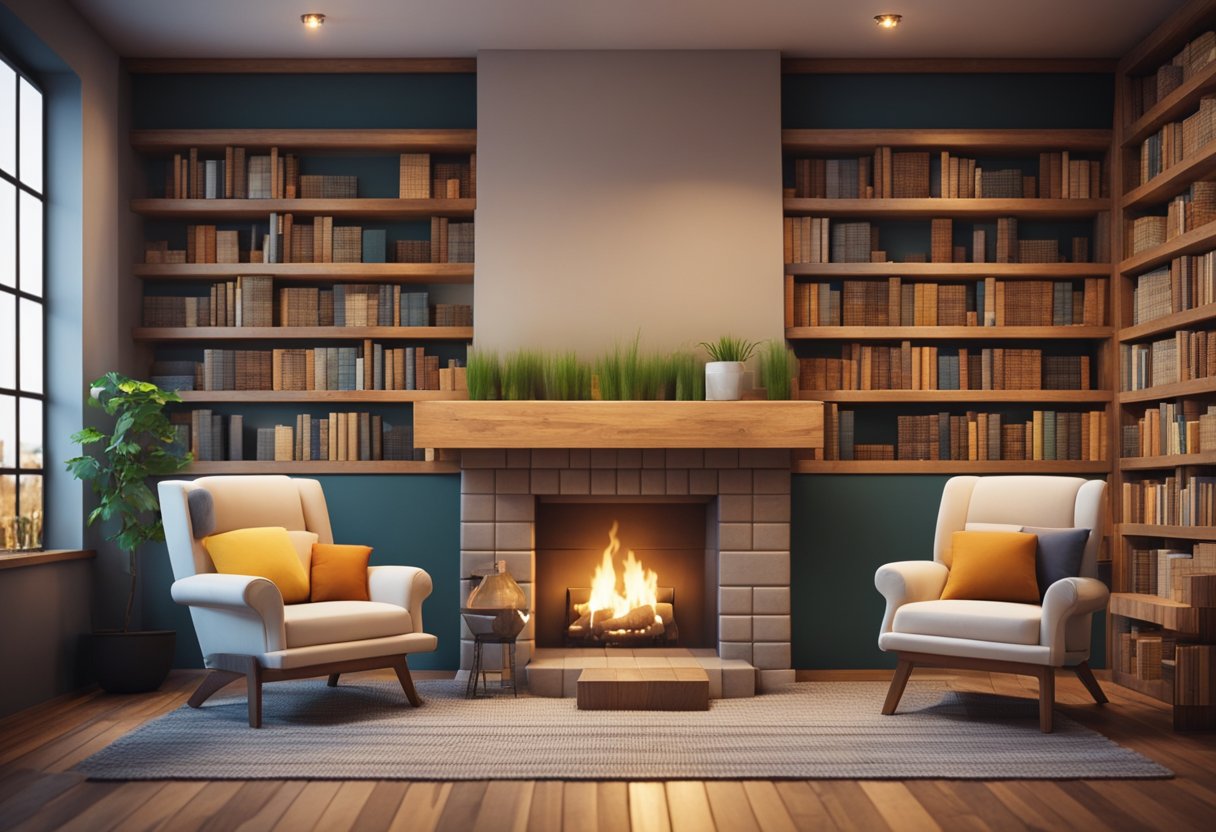 A cozy Minecraft space with a wooden floor, stone walls, and a fireplace. A large bookshelf filled with colorful books and a comfortable armchair by the fire