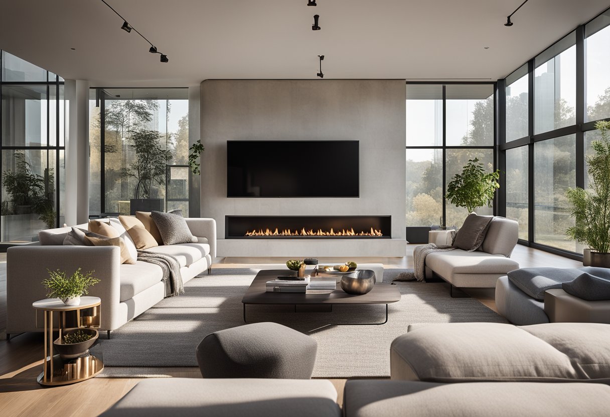 A spacious, modern living room with floor-to-ceiling windows, a cozy fireplace, and sleek, minimalist furniture. The room is bathed in natural light, with neutral tones and pops of vibrant color