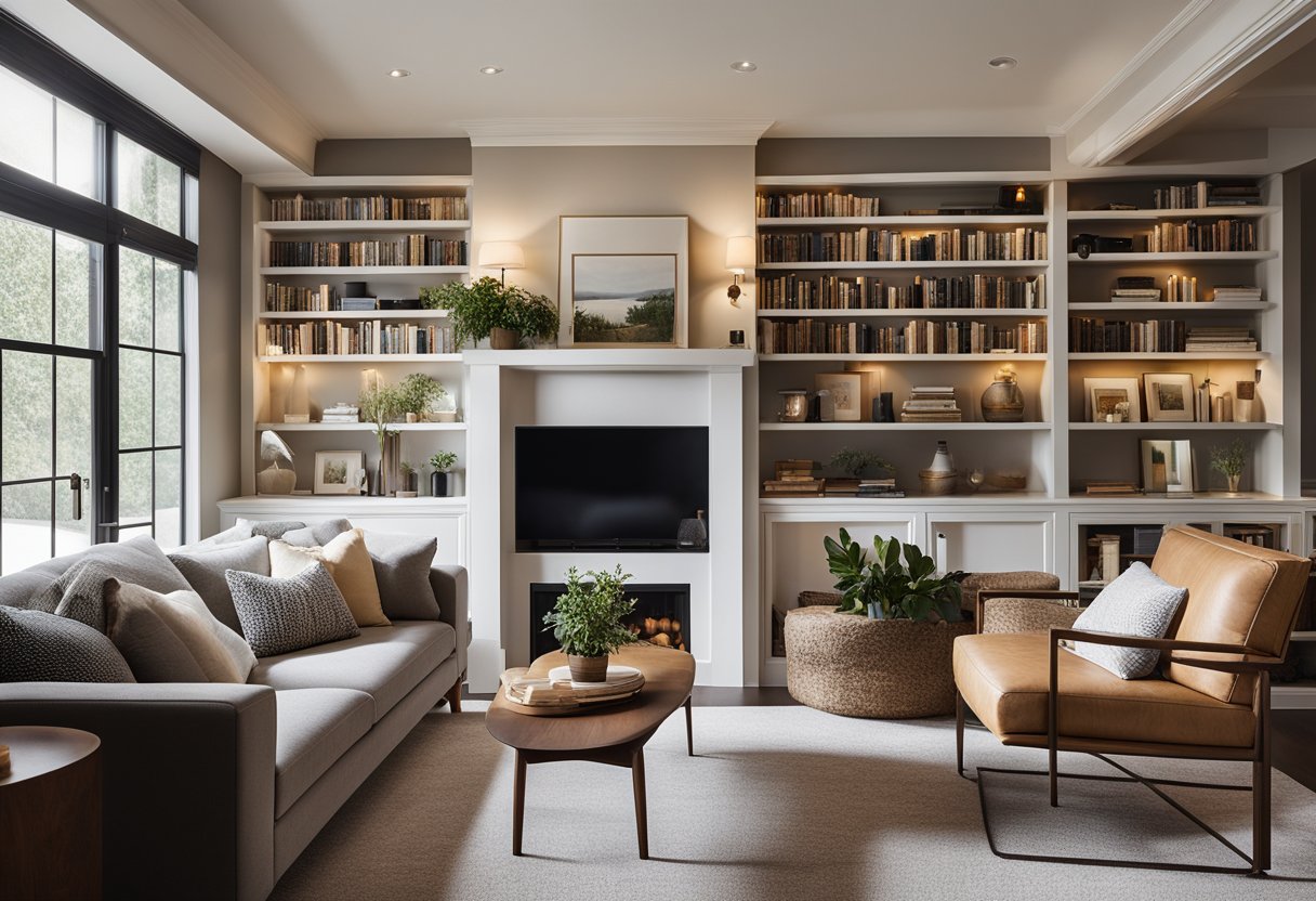 A cozy living room with a fireplace, bookshelves, and comfortable seating. Natural light streams in through large windows, highlighting the warm and inviting space