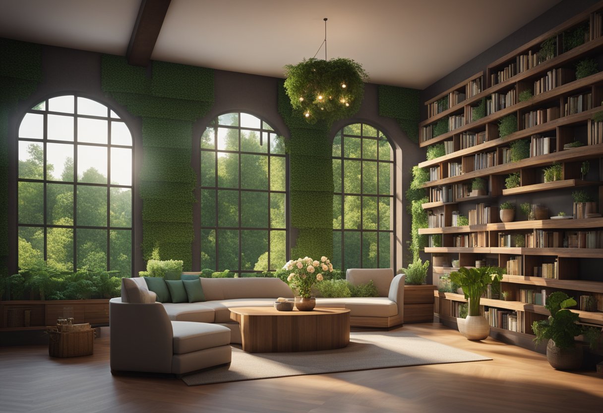 A cozy Minecraft interior with bookshelves, a fireplace, and a large window overlooking a lush forest. A table with a vase of flowers sits in the center of the room