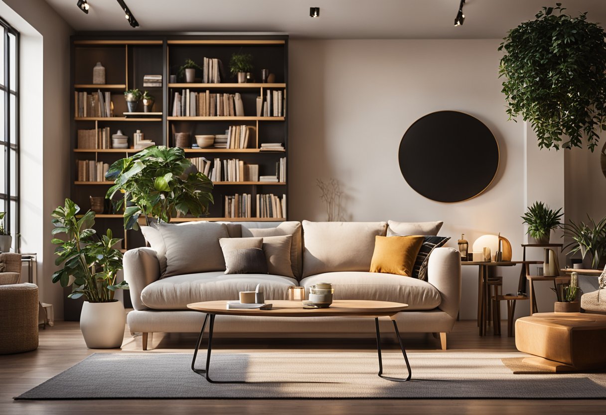 A cozy living room with modern furniture, warm lighting, and vibrant wall art. A bookshelf filled with stylish decor and plants adds a touch of elegance