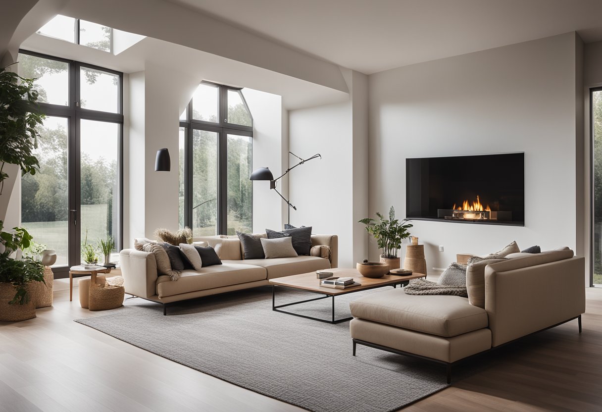A spacious 4-bedroom house interior with modern furniture, large windows, and a cozy fireplace. Bright, neutral colors and minimalistic decor create a welcoming atmosphere