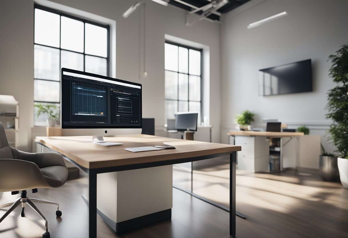 A modern, minimalist office space with a computer screen displaying an interior design rendering software interface. Clean lines, neutral colors, and natural light streaming in through large windows