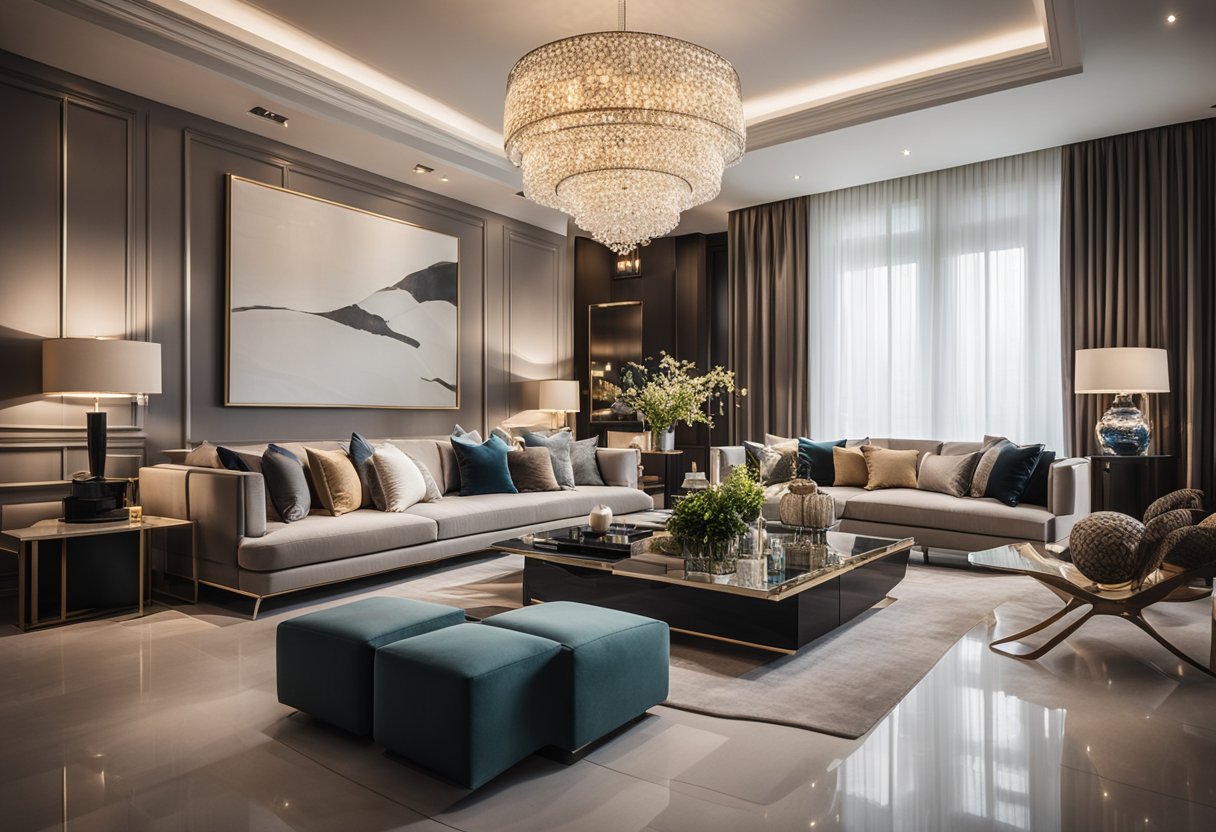 A luxurious, modern living room with elegant furniture, intricate lighting fixtures, and vibrant artwork on the walls