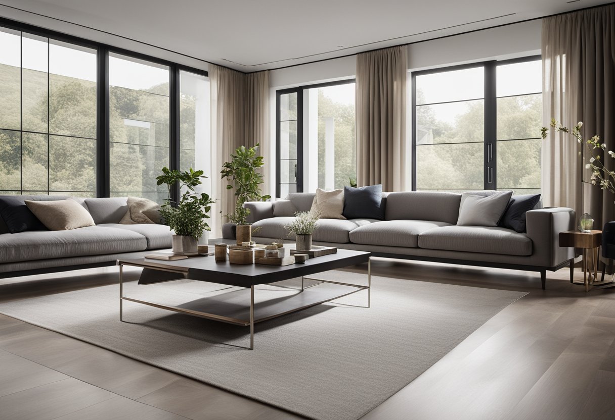 A modern, spacious living room with a sleek, minimalist design. A large window provides natural light, while the furniture and decor exude a sense of sophistication and comfort