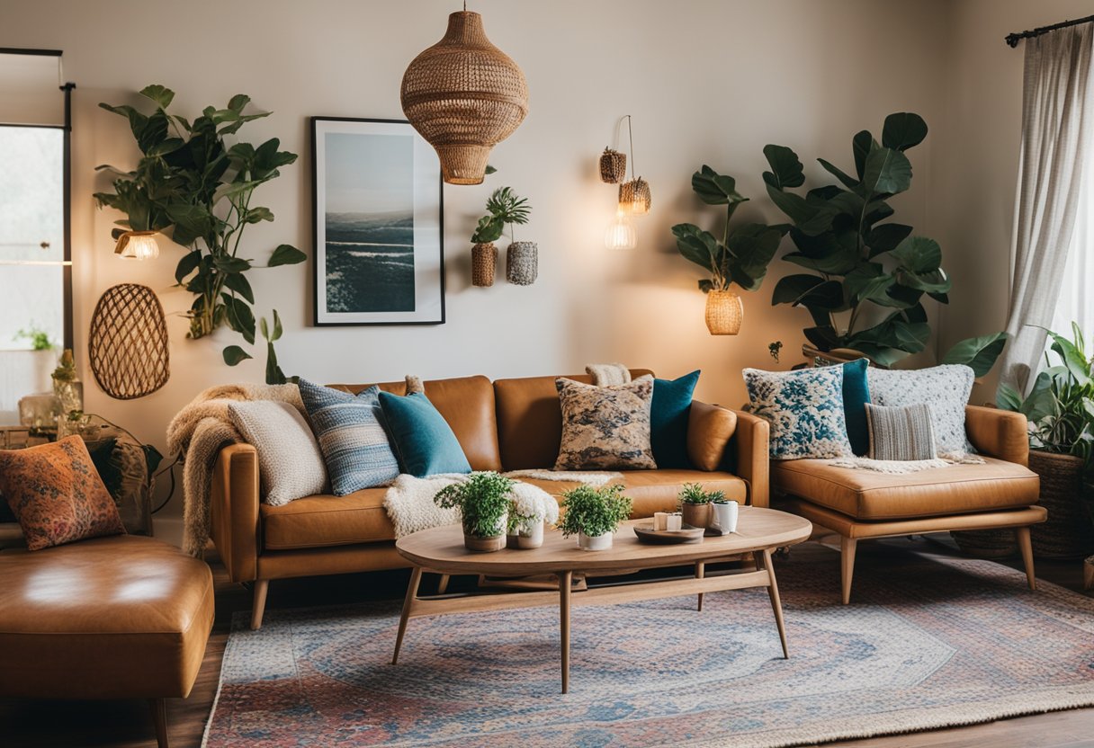 A cozy living room with eclectic decor, including vintage rugs, plants, and colorful throw pillows. A mix of textures and patterns create a relaxed, bohemian vibe