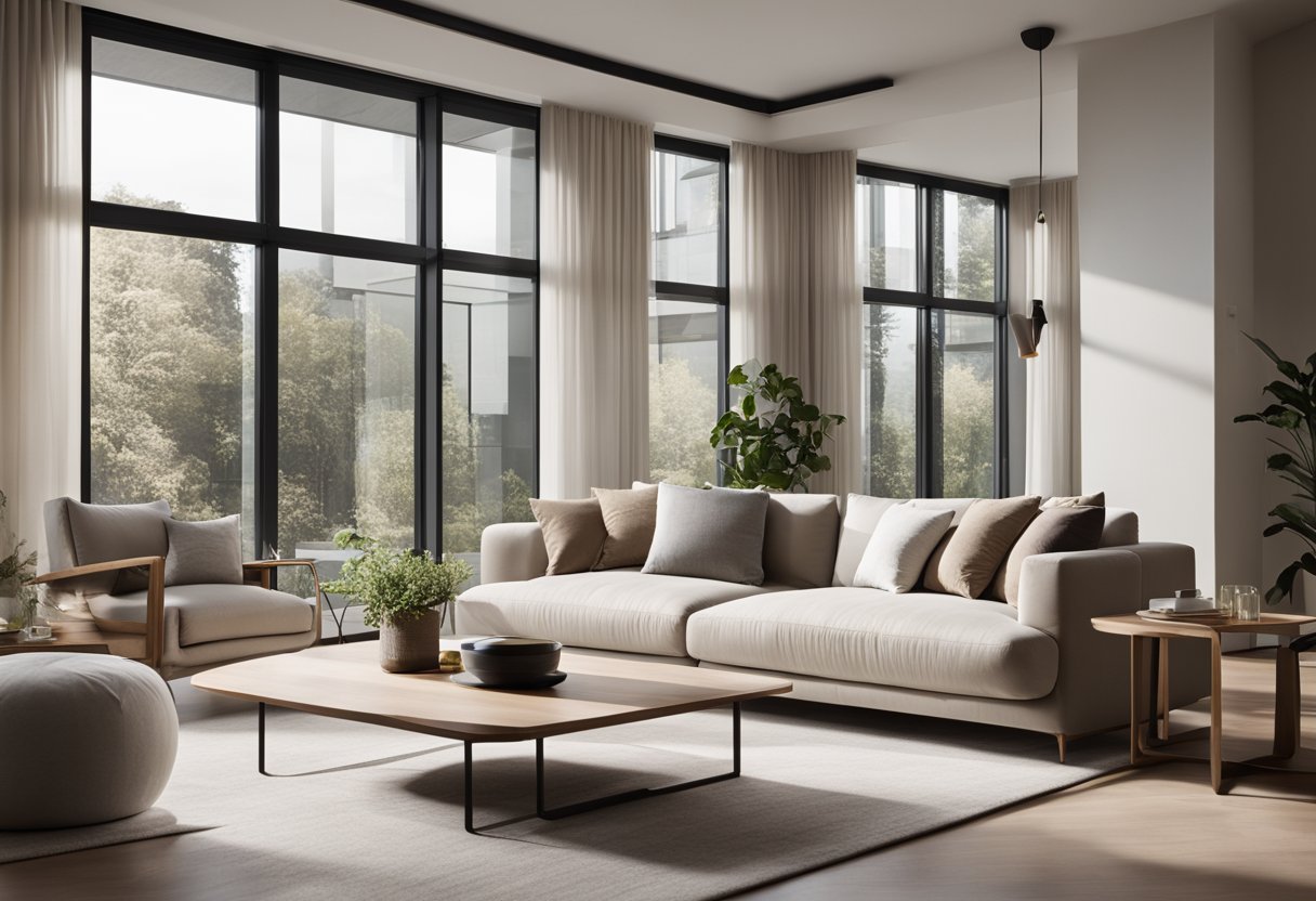 A modern living room with sleek furniture, neutral colors, and large windows letting in natural light. A minimalist aesthetic with clean lines and a cozy atmosphere