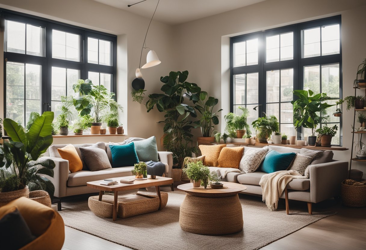 A cozy living room with eclectic furniture, plants, and colorful textiles. Natural light streams in through large windows, illuminating the space