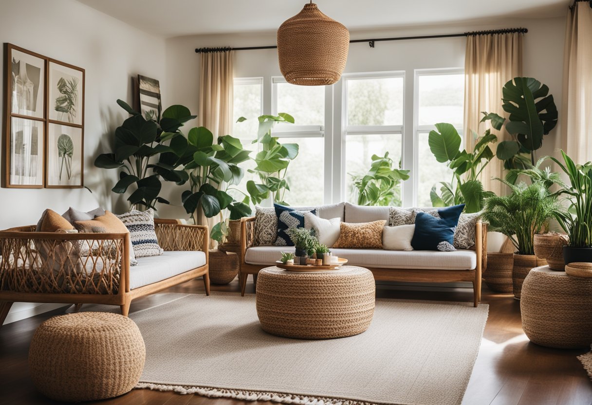A cozy living room with eclectic furniture, vibrant patterns, and natural textures like rattan, jute, and macramé. Plants and art add a touch of bohemian flair