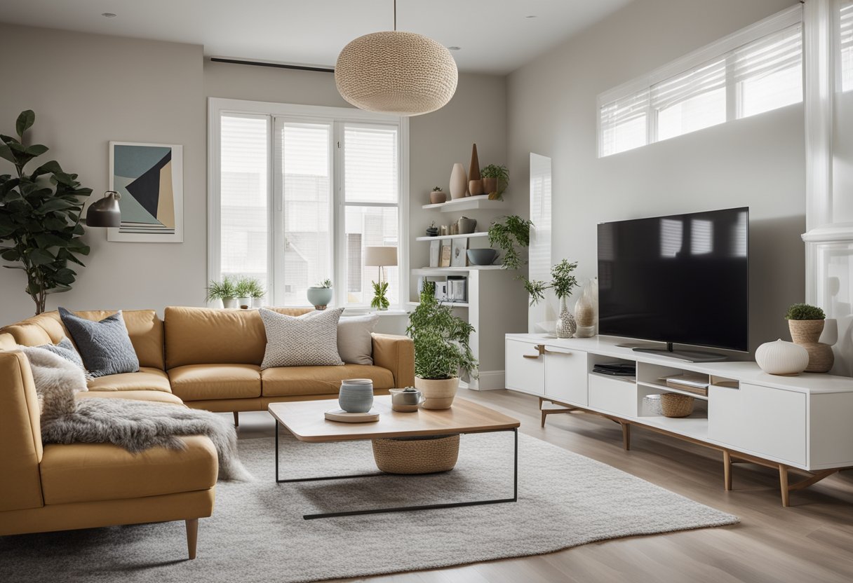 A spacious, well-lit living room with modern furniture and a neutral color palette, accented by pops of color and texture