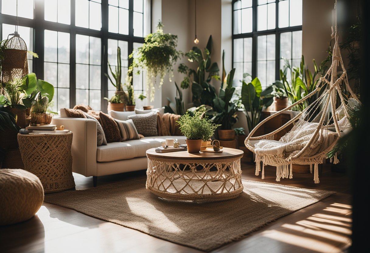 A cozy living room with eclectic furniture, vibrant patterns, and earthy tones. Plants and macrame decor add a bohemian touch. Sunlight streams in through large windows, creating a relaxed and inviting atmosphere
