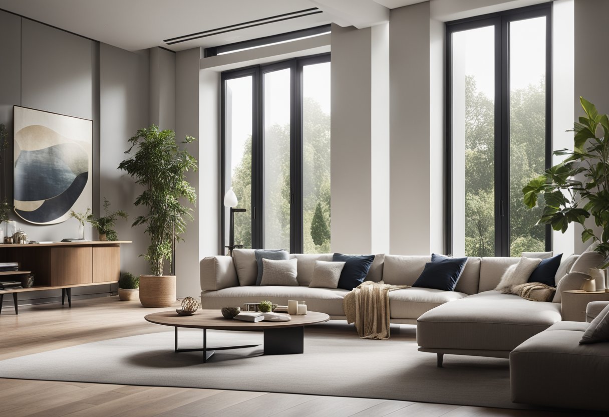 A modern living room with clean lines, minimalistic furniture, and neutral colors. A large window allows natural light to fill the space, showcasing the sleek design