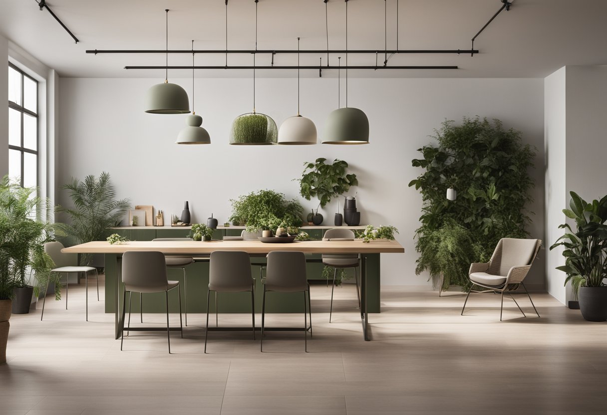 A modern, minimalist space with clean lines and natural materials. Neutral color palette with pops of greenery. Balanced and harmonious design elements