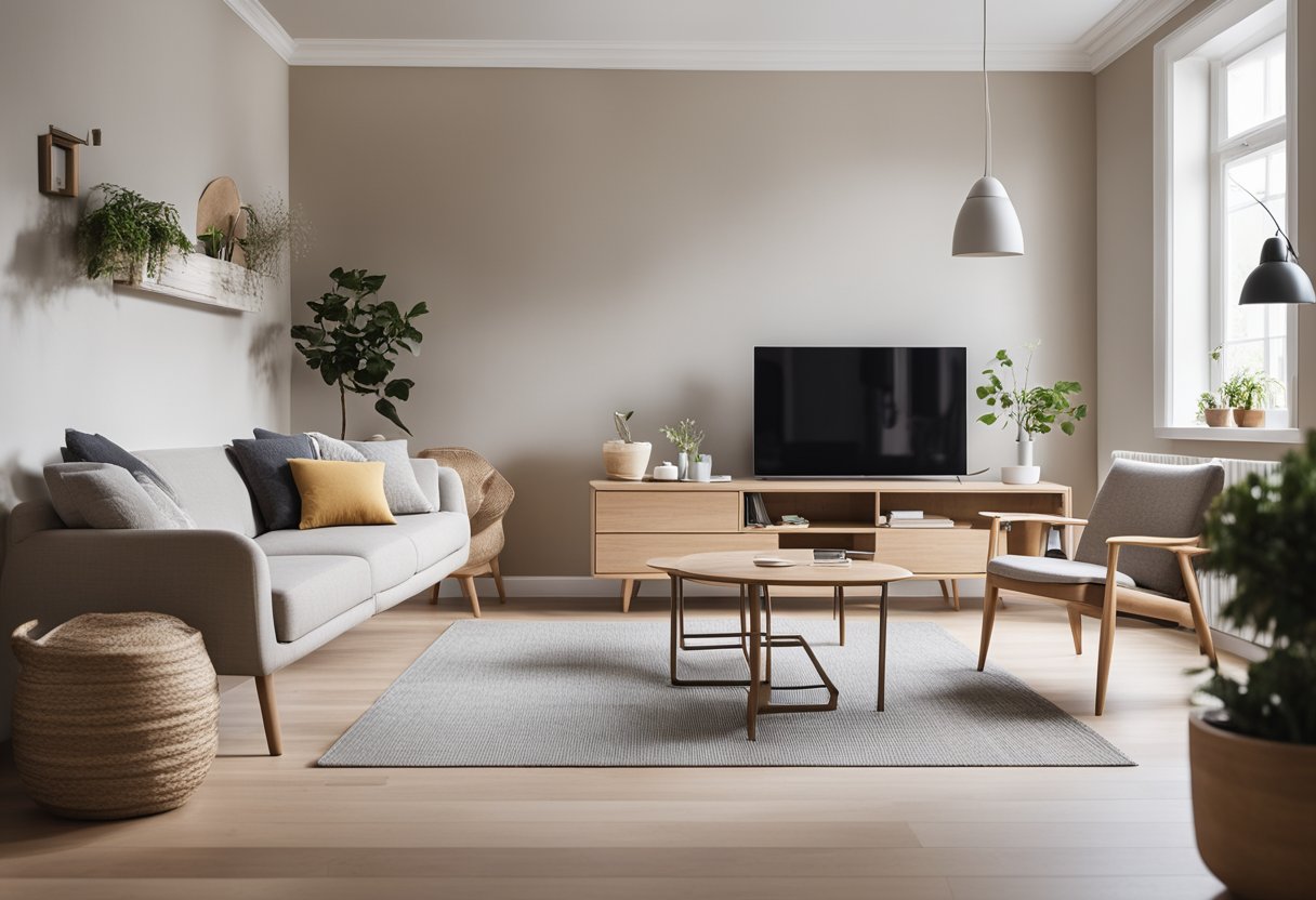 A cozy living room with a neutral color palette, multi-functional furniture, and clever storage solutions. A small dining area with a space-saving table and chairs. Bright natural light and minimal clutter