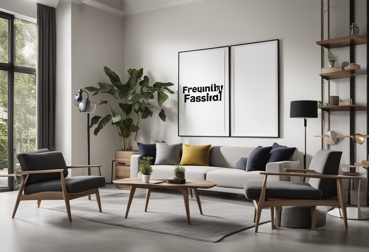 A modern, minimalist room with clean lines, neutral colors, and stylish furniture. A large wall features a bold, graphic print with the words "Frequently Asked Questions" in a sleek, sans-serif font
