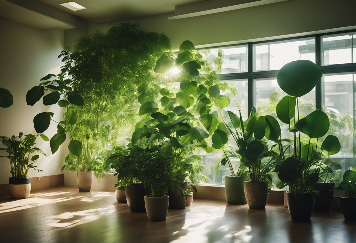 The room is filled with vibrant green plants, creating a lush and inviting interior. Sunlight filters through the leaves, casting dappled shadows on the walls and floor