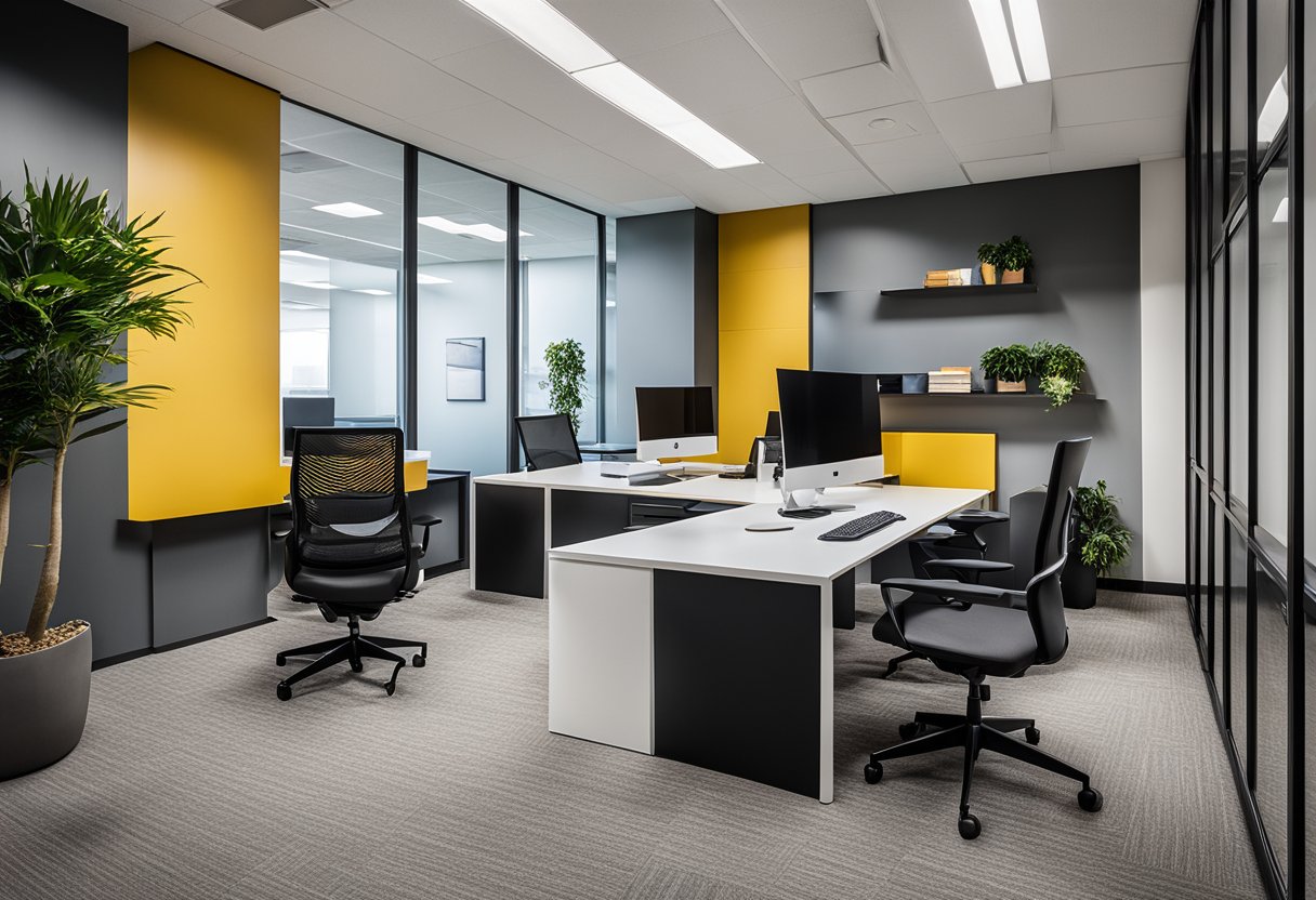 A modern office space with sleek furniture, bold accent colors, and innovative design elements. The space exudes professionalism and creativity, reflecting the impact of Avalon Collective's interior design projects on the industry