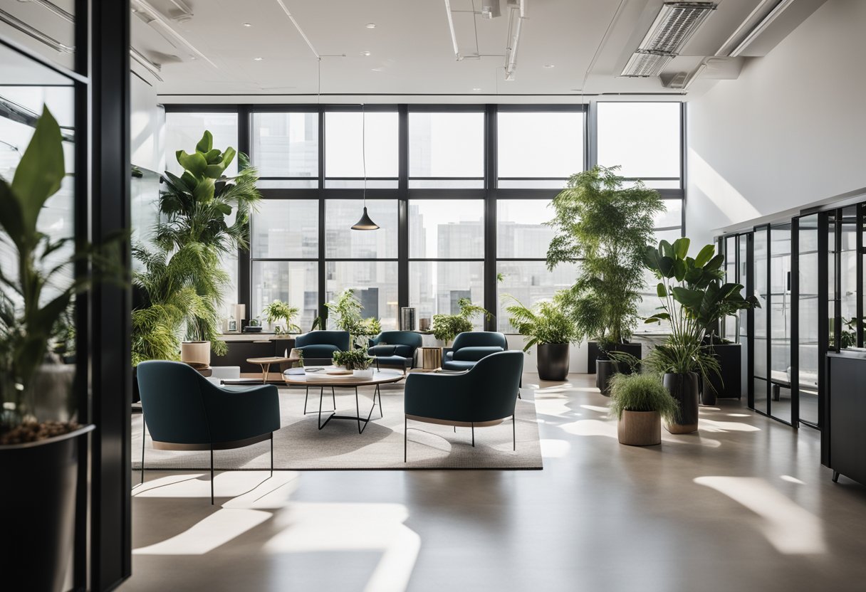 A modern, stylish office space with sleek furniture, plants, and contemporary artwork. A welcoming atmosphere with natural light and a minimalist design aesthetic