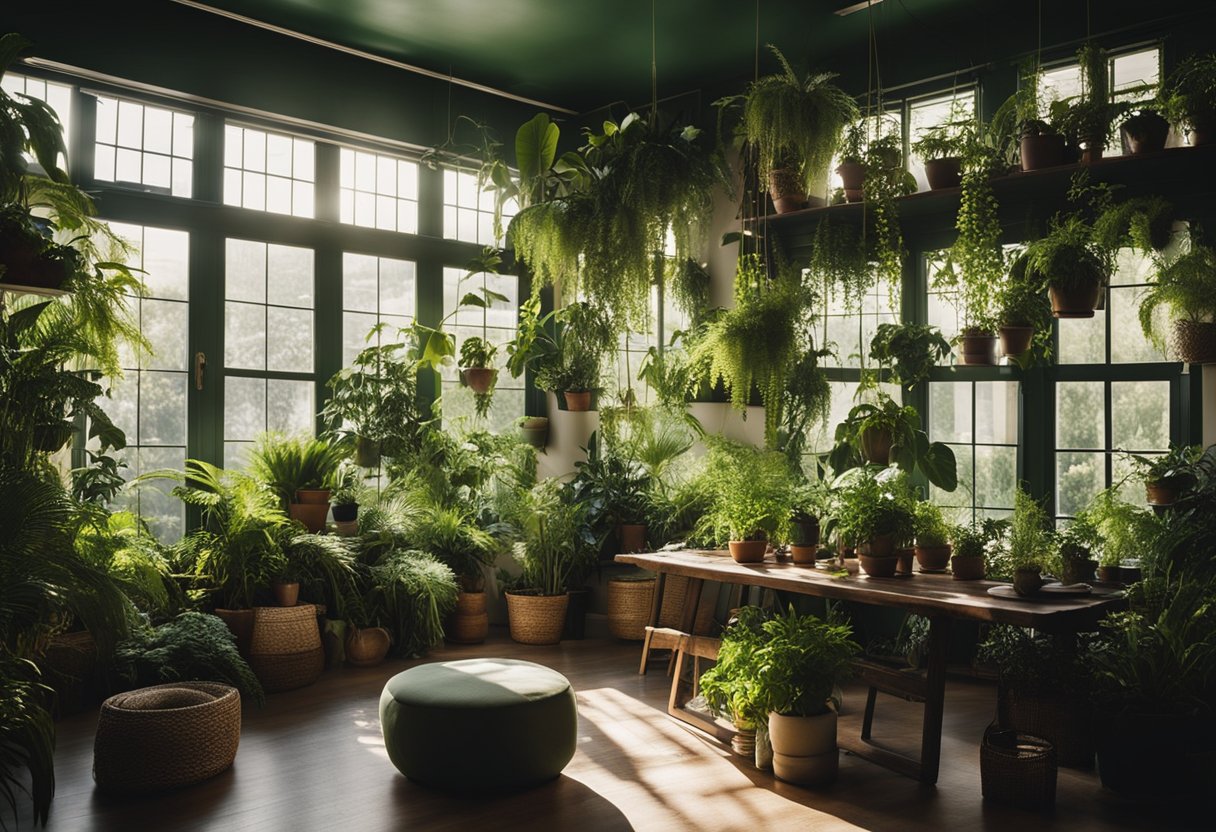 A sunlit room with large windows, filled with hanging plants, potted ferns, and leafy vines draping over shelves and furniture. Rich green hues dominate the space, creating a vibrant and inviting atmosphere
