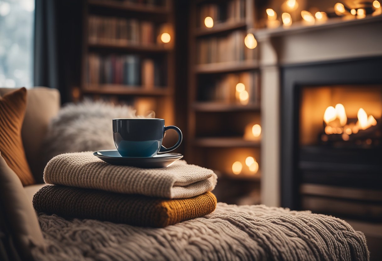 Soft, warm lighting illuminates a cozy living room with plush pillows, a knitted throw blanket, and a crackling fireplace. A bookshelf filled with well-loved books and a steaming cup of tea complete the inviting atmosphere