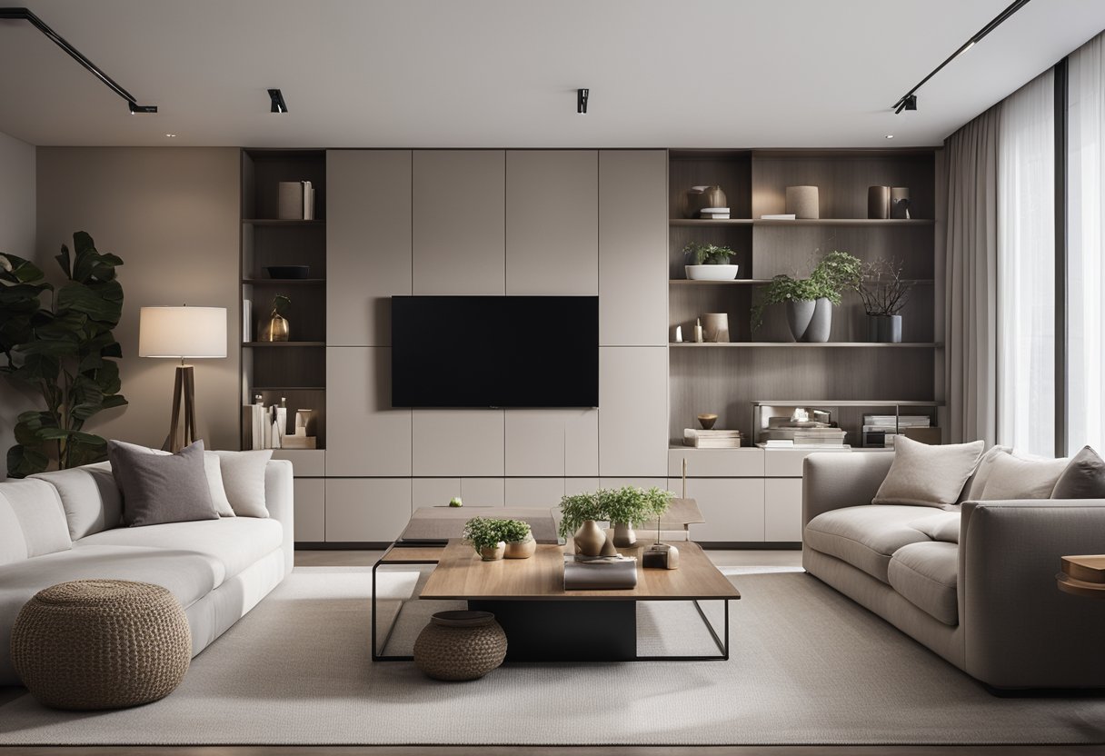 A spacious living room with clean lines, natural light, and minimalist furniture. Neutral colors, sleek surfaces, and a focus on open space and functionality