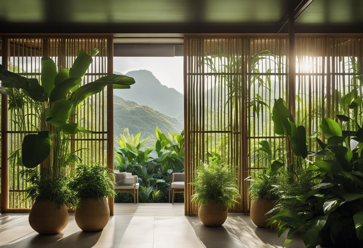 Lush green plants fill a sunlit room, with large windows overlooking a tropical landscape. Natural materials, such as bamboo and rattan, are used throughout the space, creating a serene and inviting atmosphere