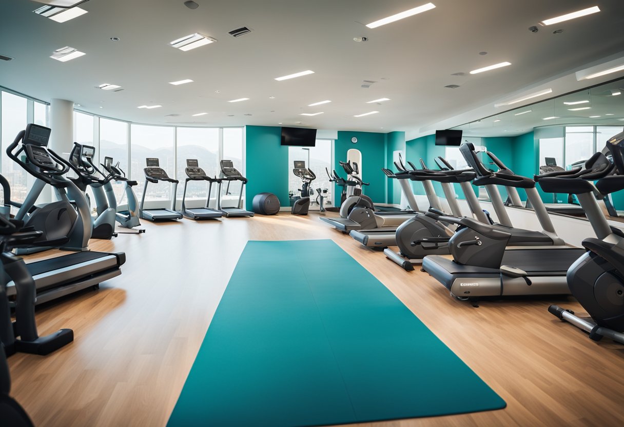 The health club interior features modern equipment, bright lighting, and vibrant colors. A spacious layout includes cardio machines, weights, and yoga mats
