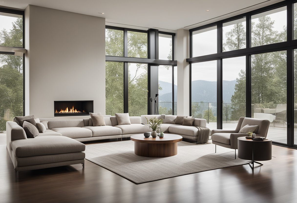 A spacious living room with clean lines, neutral colors, and natural materials. Large windows allow plenty of natural light, and a minimalist fireplace adds a focal point