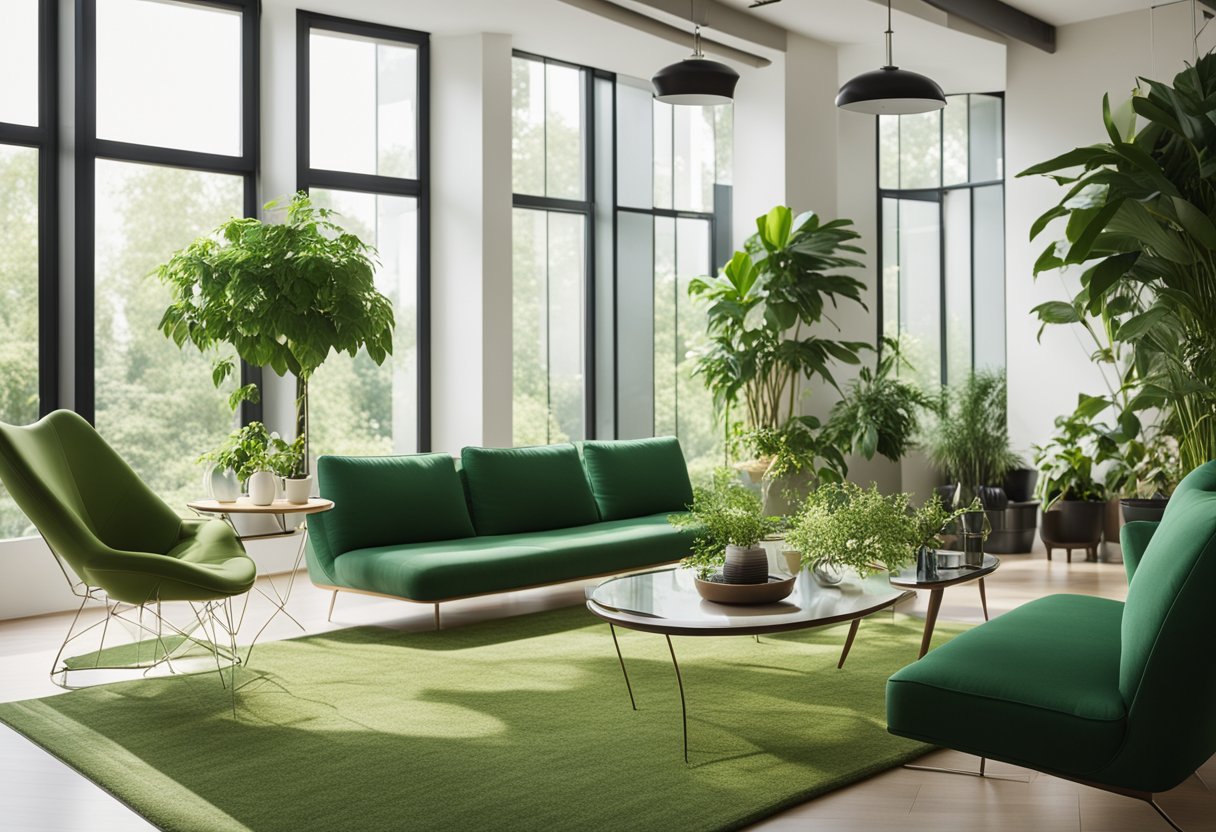 A vibrant green and lush interior with modern furniture and plants, creating a serene and inviting atmosphere
