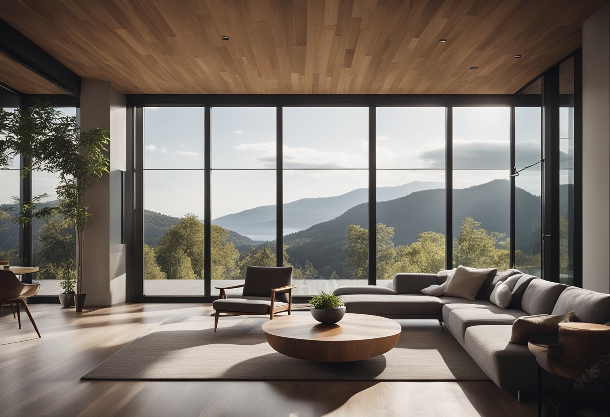 A spacious living room with clean lines, natural materials, and large windows overlooking a scenic view of the outdoors