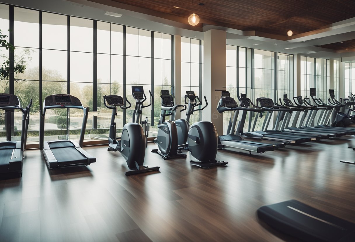 A spacious and bright health club interior with modern fitness equipment, natural lighting, and soothing color palette